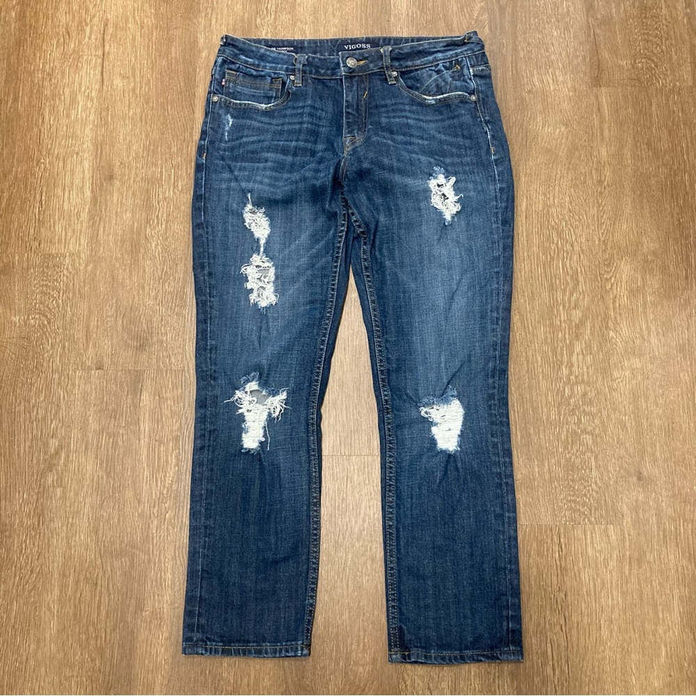 Vigoss Women's Dark Blue Distressed Cropped Jeans The Thompson Tomboy Boyfriend